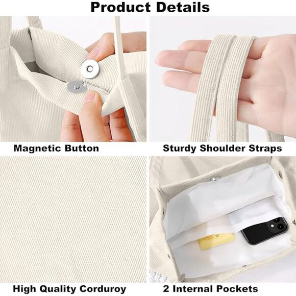 Women Beige Imported Corduroy Small Canvas Shoulder Handy Tote Bag - Picture 4 of 4